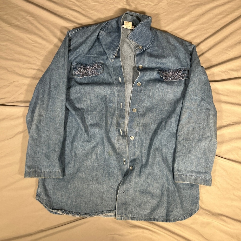 Vintage Saint Germain Paris Denim Shirt Butterfly Embroidered Blue Large USA